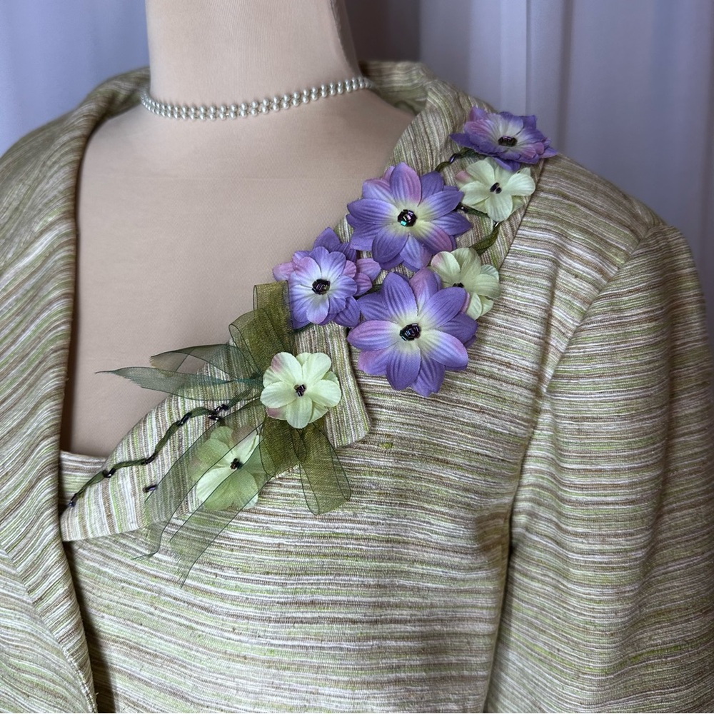 Vtg Rickie Freeman Teri Jon SILK 2 Pc Dress‎ Suit Set Sz 14 Appliqué Lined EUC